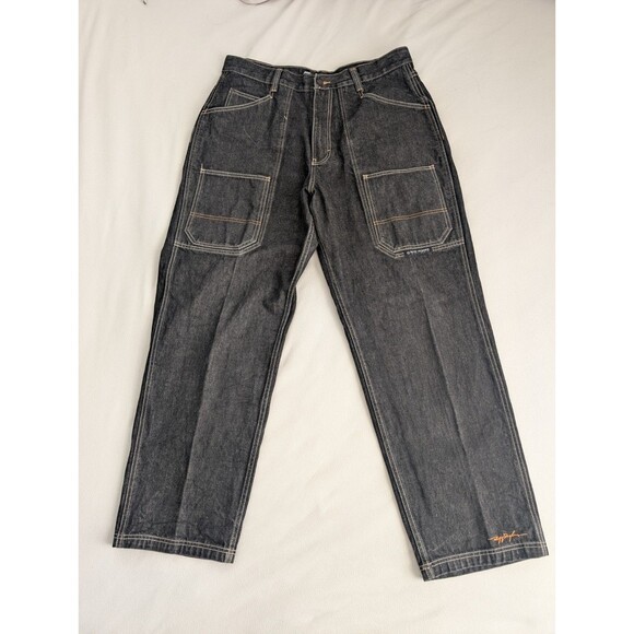 Y2K Ruff Ryders Dirty Denim Jean Size 38x32 Black Light Wash Baggy Streetwear - Picture 1 of 9